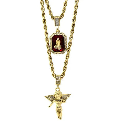 Yellow Gold Mens Gold Angel&P Ruby Bundle Set Cz Pendant Hip Hop 24"& 30"Rope Necklace Chain Pendant - WORLD TIME VISITS